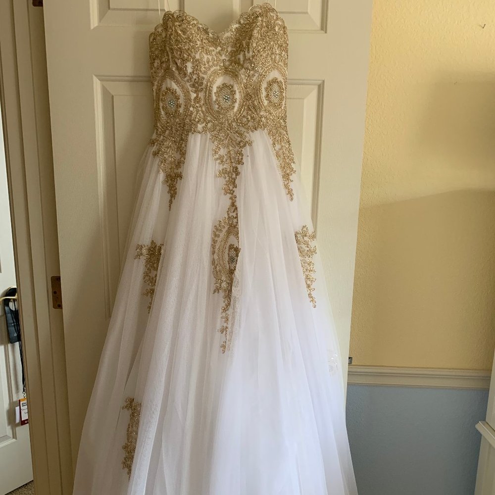 White Prom Dress with Gold Embroidery